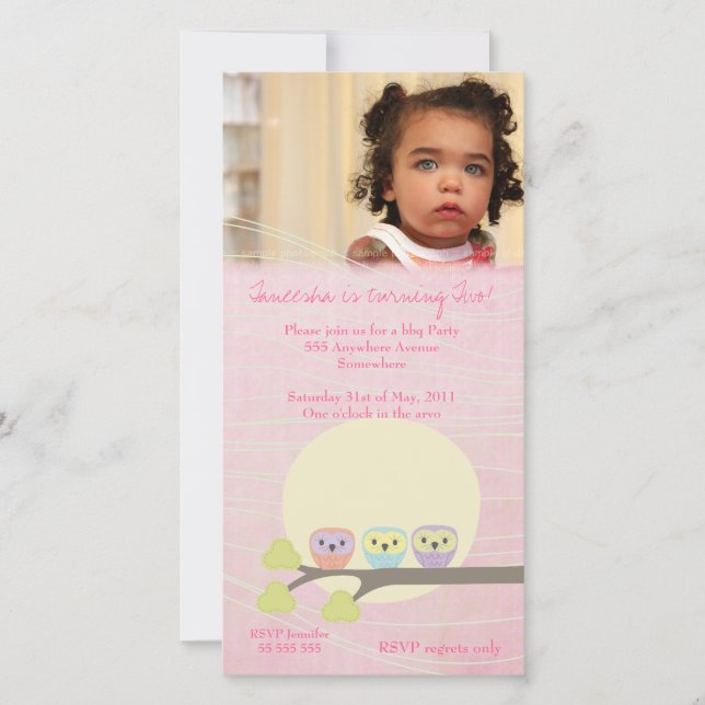 Cute Owls Girls Pink Birthday Party Photo Card (Front)