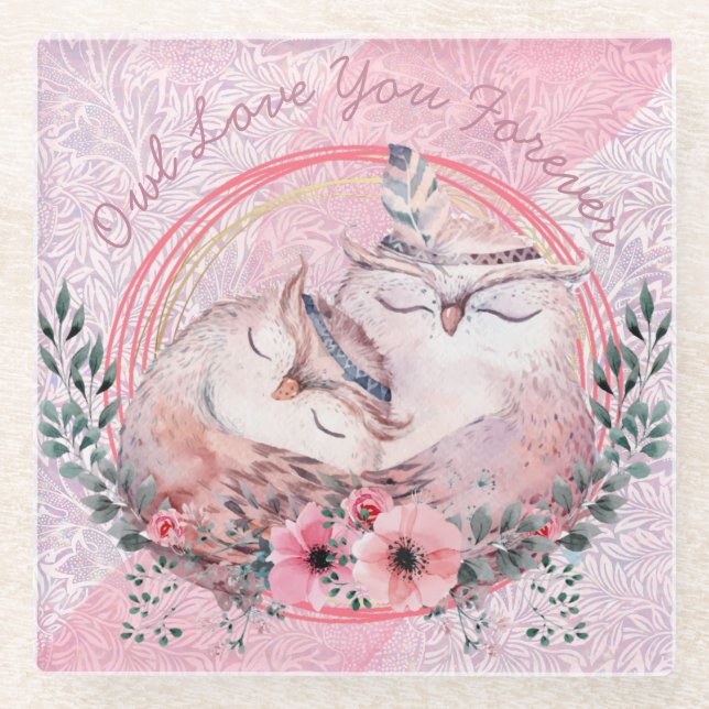 Cute Owls Glass Coaster (Front)