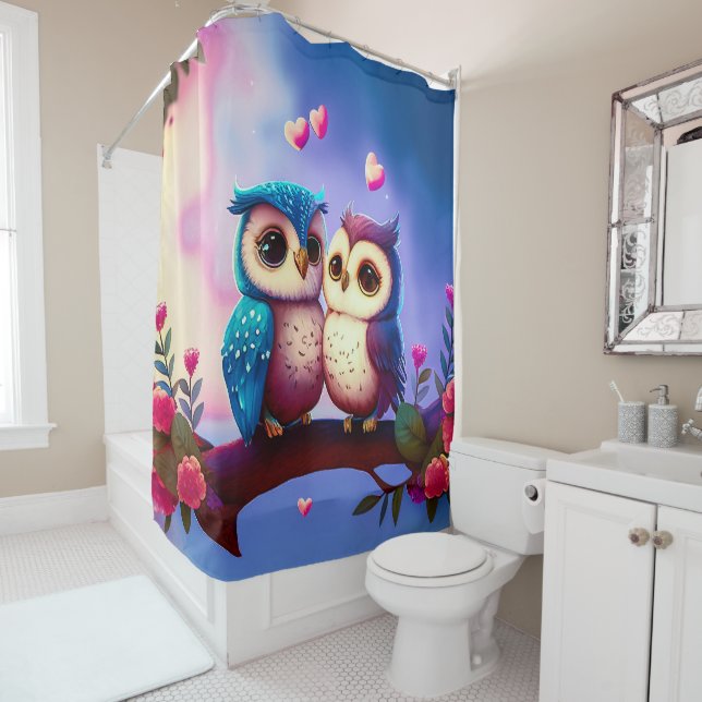 Cute Owls Hearts Valentine Inspired Artwork | Shower Curtain (In Situ)
