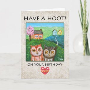 Cute Owls in Countryside Folk Art Custom Birthday Card