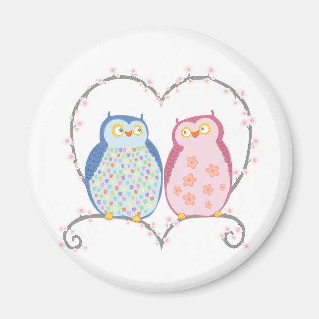 Cute Owls in Love Heart Pink Blue Clipart Magnet (Front)