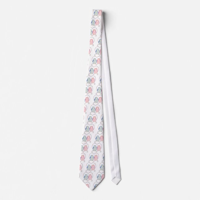 Cute Owls in Love Heart Pink Blue Clipart Tie (Front)
