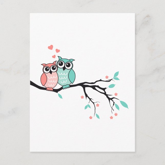 Cute owls in love on tree branch postcard (Front)
