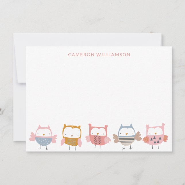 Cute Owls in Pink Personalised Stationery   Thank You Card (Front)