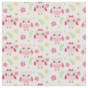 Cute Owls in pink with flowers and branches Fabric