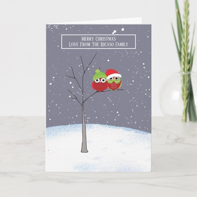 Cute Owls In Tree Christmas personalised Card (Front)