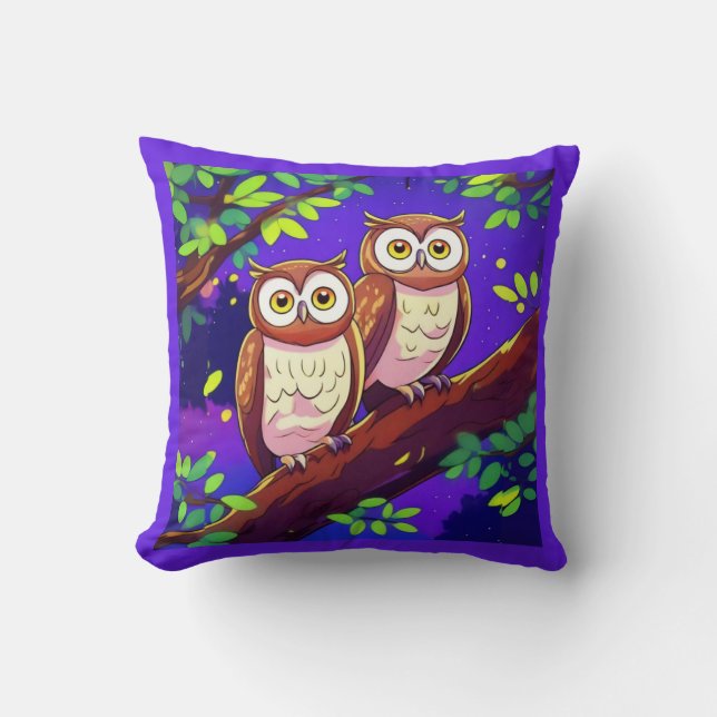 Cute Owls on a Branch at Night Cushion (Front)