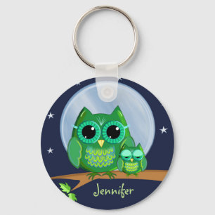 Cute owls on a branch & custom Name keychain