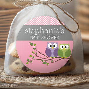 Cute Owls on Branch Baby Girl Shower Pink Classic Round Sticker