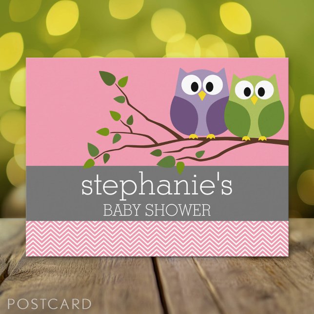 Cute Owls on Branch Baby Girl Shower Pink Invitation Postcard (Baby Shower Invitation Postcard)