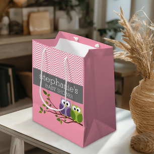 Cute Owls on Branch Baby Girl Shower Pink Medium Gift Bag