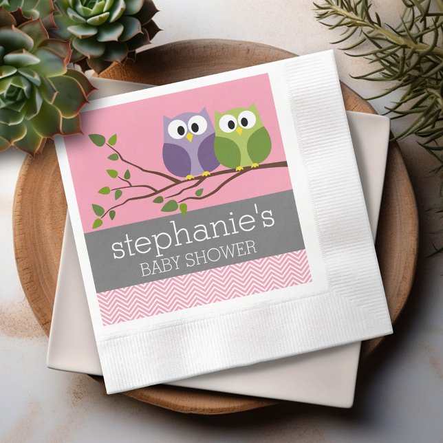 Cute Owls on Branch Baby Girl Shower Pink Napkin (Custom Party Napkins)