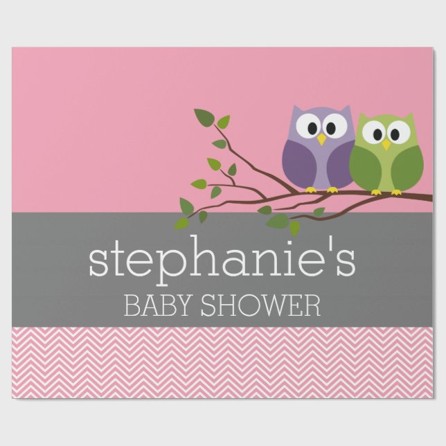 Cute Owls on Branch Baby Girl Shower Pink Wrapping Paper (Flat)