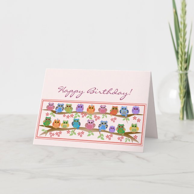 Cute Owls on brenches & text Birthday card (Front)