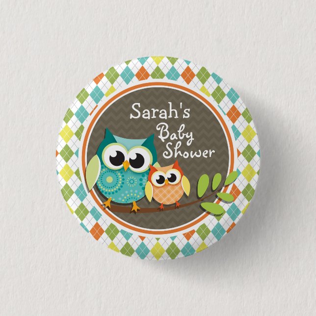 Cute Owls on Colourful Argyle; Baby Shower 3 Cm Round Badge (Front)