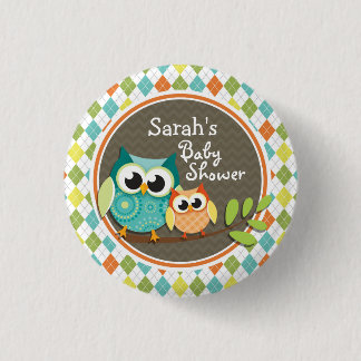 Cute Owls on Colourful Argyle; Baby Shower 3 Cm Round Badge