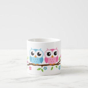 Cute owls on floral branch personalised name espresso cup