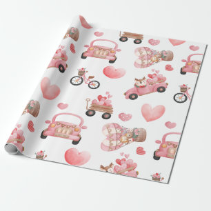 Cute Owls on Valentine's Day Cars Pink Hearts Wrapping Paper