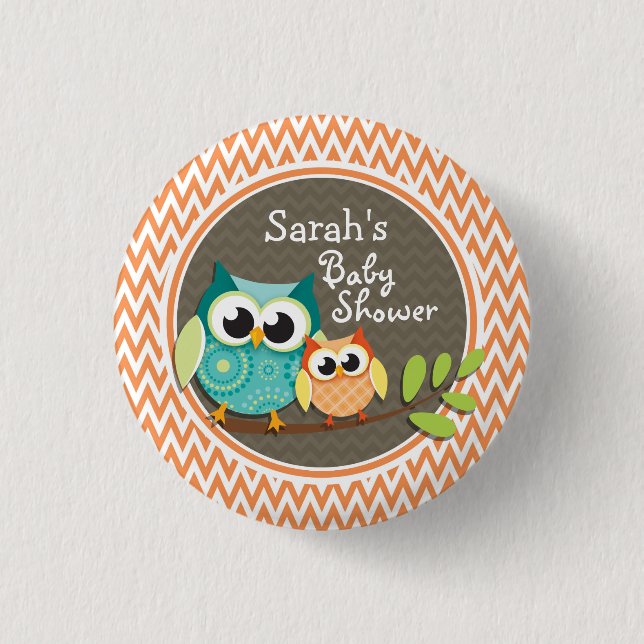 Cute Owls; Orange and White Chevron; Baby Shower 3 Cm Round Badge (Front)
