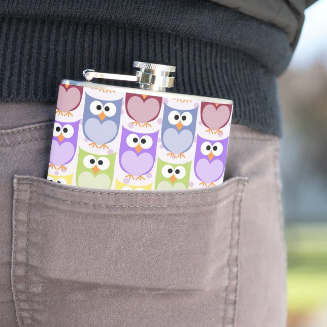 Cute Owls, Owl Pattern, Baby Owls, Colourful Owls Hip Flask (In Situ)