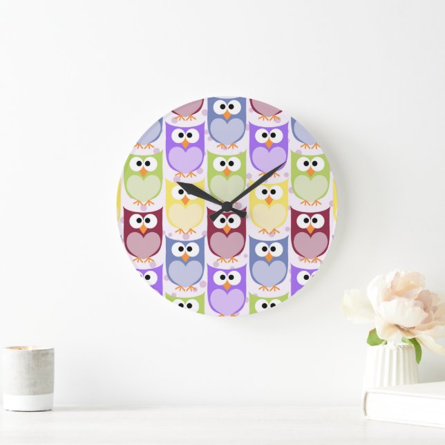 Cute Owls, Owl Pattern, Baby Owls, Colourful Owls Large Clock (Home)
