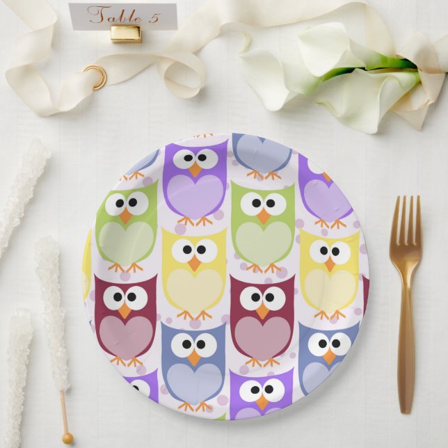 Cute Owls, Owl Pattern, Baby Owls, Colourful Owls Paper Plate (Wedding)