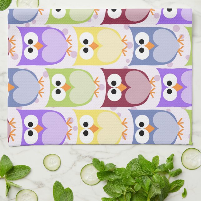 Cute Owls, Owl Pattern, Baby Owls, Colourful Owls Tea Towel (Folded)