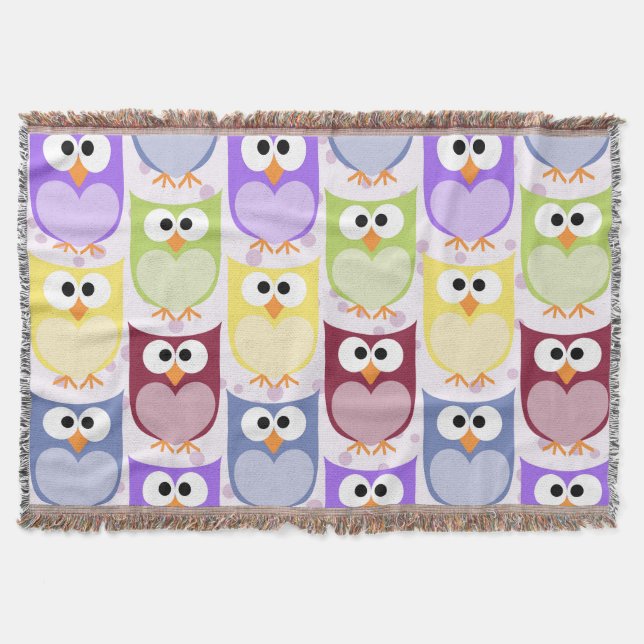 Cute Owls, Owl Pattern, Baby Owls, Colourful Owls Throw Blanket (Front)