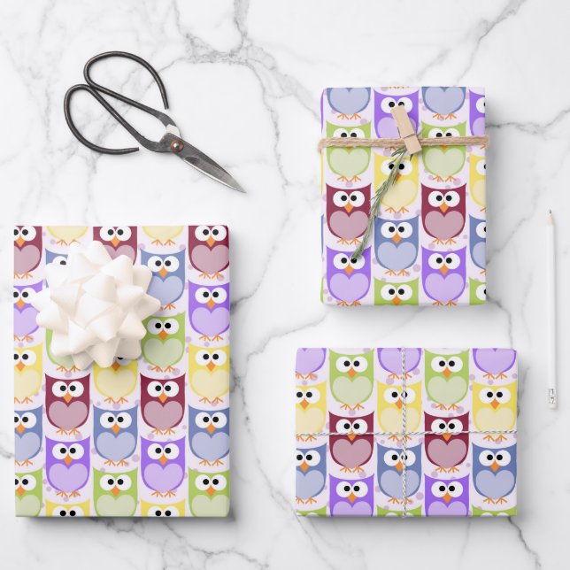 Cute Owls, Owl Pattern, Baby Owls, Colourful Owls Wrapping Paper Sheet (Front)