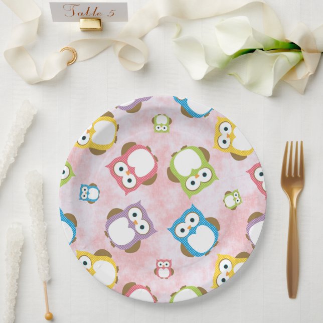 Cute Owls, Owl Pattern, Colourful Owls, Baby Owls Paper Plate (Wedding)