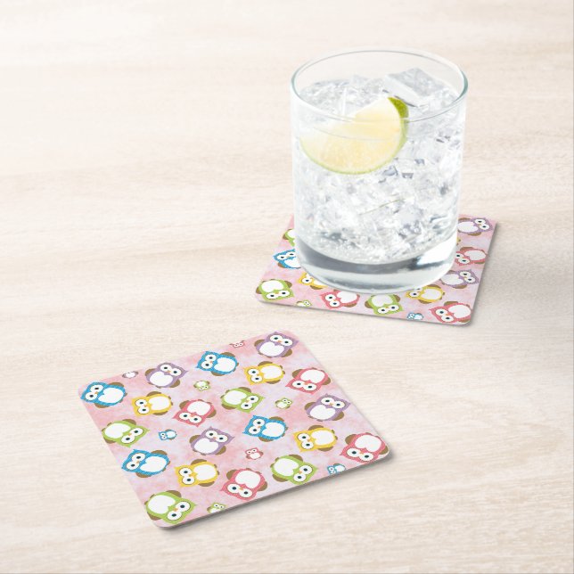 Cute Owls, Owl Pattern, Colourful Owls, Baby Owls Square Paper Coaster (Insitu)