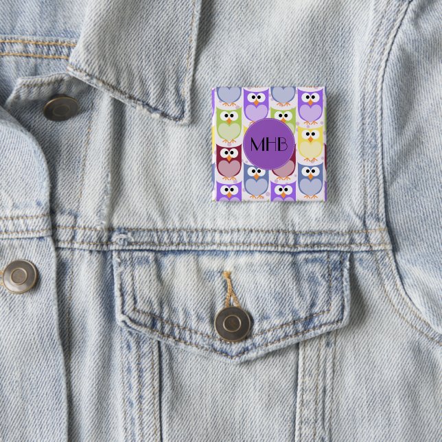 Cute Owls, Owl Pattern, Colourful Owls, Monogram 15 Cm Square Badge (In Situ)