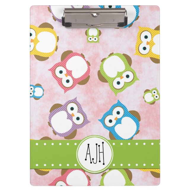 Cute Owls, Owl Pattern, Colourful Owls, Monogram Clipboard (Front)