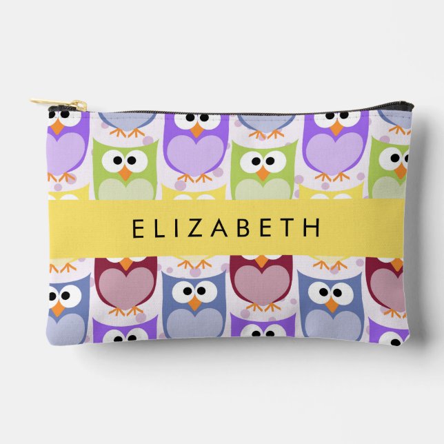 Cute Owls, Owl Pattern, Colourful Owls, Your Name Accessory Pouch (Front)
