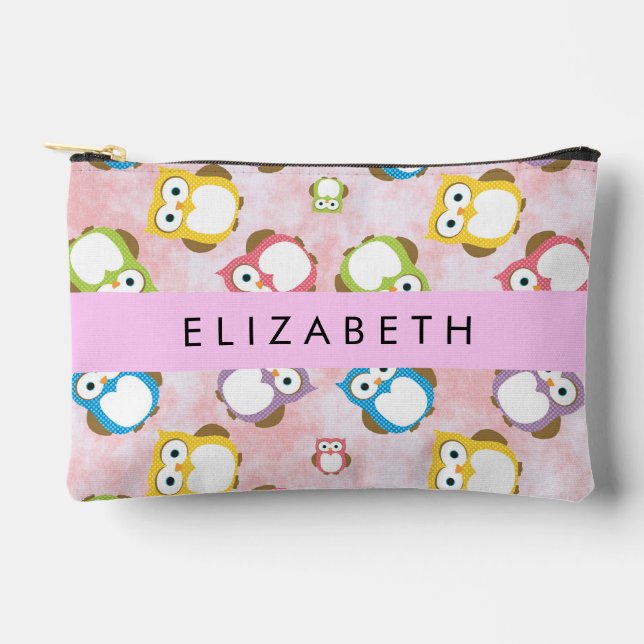 Cute Owls, Owl Pattern, Colourful Owls, Your Name Accessory Pouch (Front)