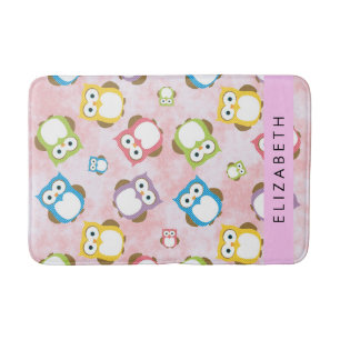 Cute Owls, Owl Pattern, Colourful Owls, Your Name Bath Mat