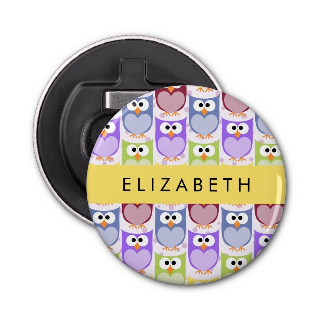 Cute Owls, Owl Pattern, Colourful Owls, Your Name Bottle Opener (Front)