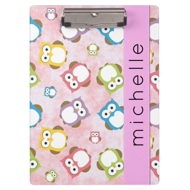 Cute Owls, Owl Pattern, Colourful Owls, Your Name Clipboard (Front)