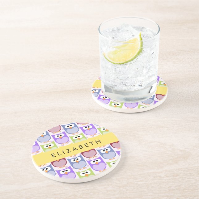 Cute Owls, Owl Pattern, Colourful Owls, Your Name Coaster (Side)