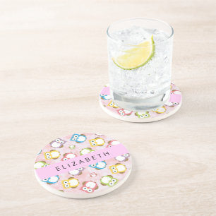 Cute Owls, Owl Pattern, Colourful Owls, Your Name Coaster