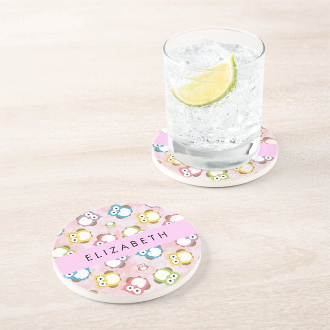 Cute Owls, Owl Pattern, Colourful Owls, Your Name Coaster (Side)