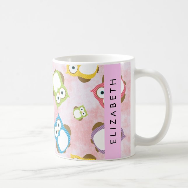 Cute Owls, Owl Pattern, Colourful Owls, Your Name Coffee Mug (Right)