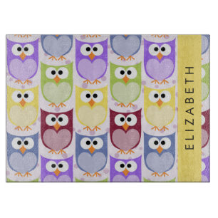 Cute Owls, Owl Pattern, Colourful Owls, Your Name Cutting Board