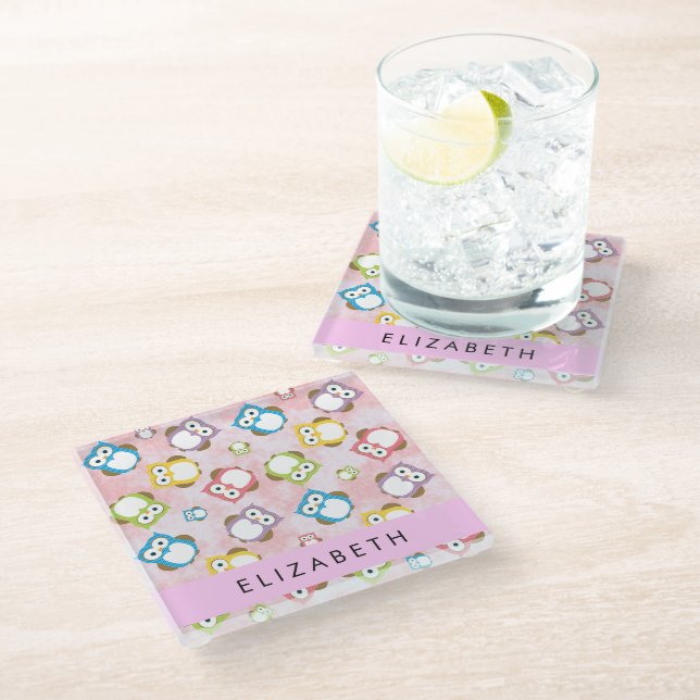 Cute Owls, Owl Pattern, Colourful Owls, Your Name Glass Coaster (Angled)