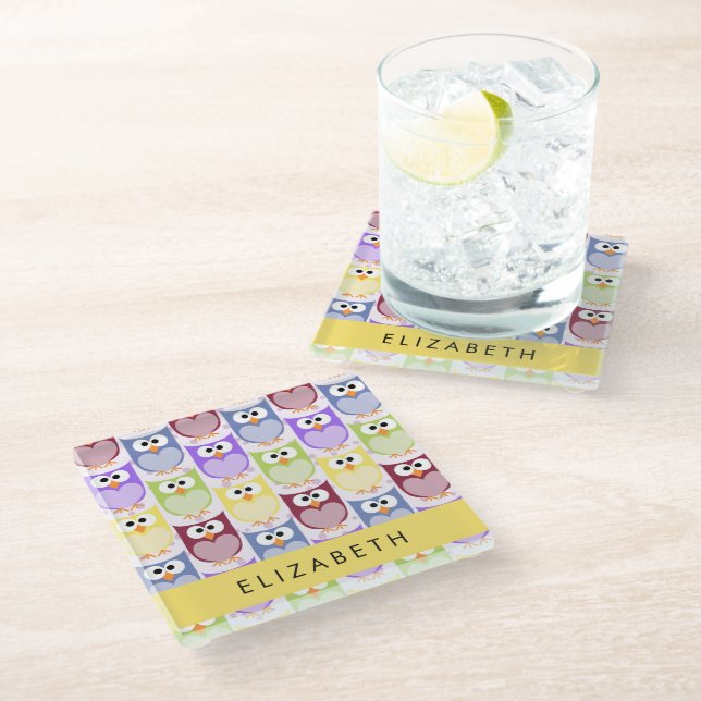 Cute Owls, Owl Pattern, Colourful Owls, Your Name Glass Coaster (Angled)
