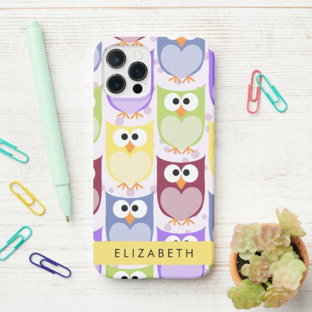 Cute Owls, Owl Pattern, Colourful Owls, Your Name iPhone Case (On Desk)