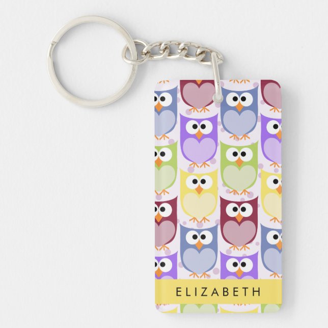 Cute Owls, Owl Pattern, Colourful Owls, Your Name Key Ring (Front)