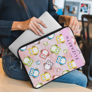 Cute Owls, Owl Pattern, Colourful Owls, Your Name Laptop Sleeve