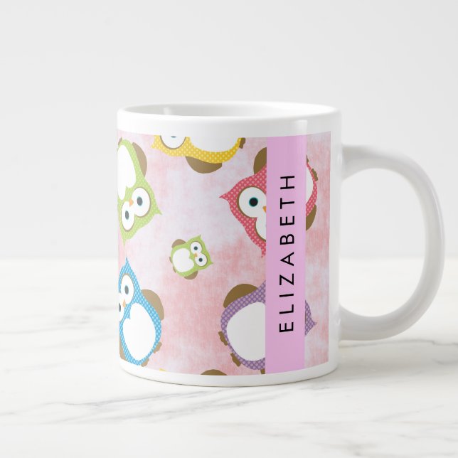 Cute Owls, Owl Pattern, Colourful Owls, Your Name Large Coffee Mug (Right)