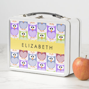 Cute Owls, Owl Pattern, Colourful Owls, Your Name Metal Lunch Box